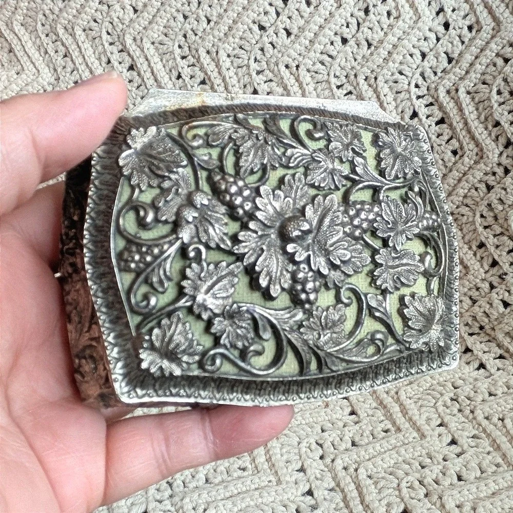 Vintage Holiday Imports Silverplate Trinket Box Grapevine Filigree Japan Green